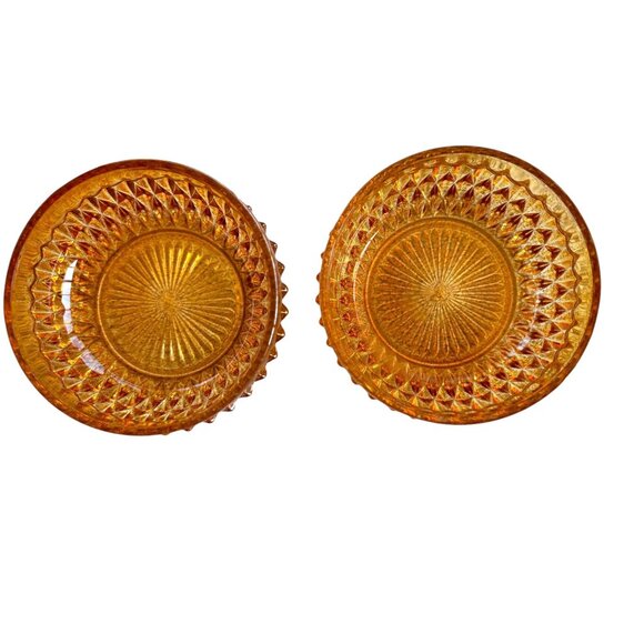 Pair Of Vintage MCM Marigold (Carnival) Glass Geometric Diamond Pattern Bowls - Picture 5 of 8